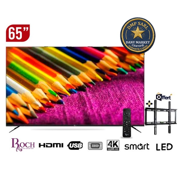 Smart TV Roch 65 pouces 4K UHD RH-LE65DA-B écran géant noir avec support mural