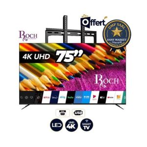 Smart TV Roch 75 pouces 4K UHD RH-LE75-DSA écran géant LED noir avec support mural offert